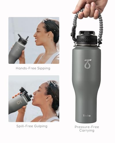 40 oz Water Bottle Insulated Fit in Any Car Cup Holder with 2 Lids (40 Ounces / Gray)