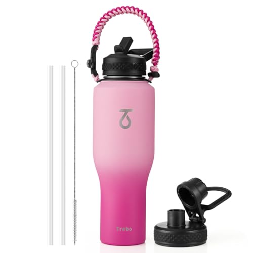 40 oz Water Bottle Insulated Fit in Any Car Cup Holder with 2 Lids (40 Ounces / Gradient Pink)