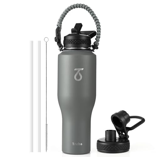 40 oz Water Bottle Insulated Fit in Any Car Cup Holder with 2 Lids (40 Ounces / Gray)