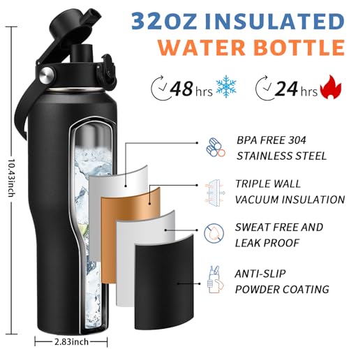 32 oz Insulated Water Bottle Fits Car Cup Holder with Straw Lid & Auto Lid (Onyx Black / 32 Ounces)