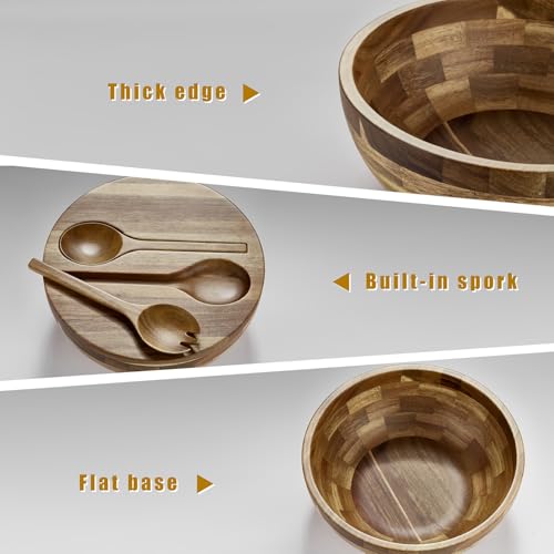 Salad Bowls Wood Salad Bowl Set with Lid Acacia Wood Serving Bowl for Fruits or Salads 10.5" Large Serving Bowl with Serving Utensils (10.5in wood salad bowl)