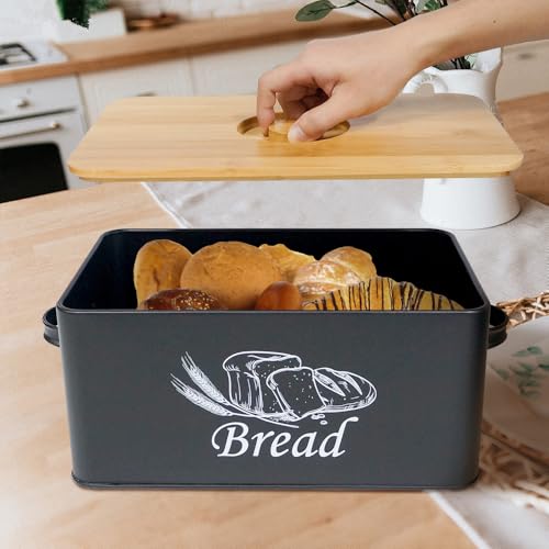 Bread Box with 3pcs Jars Coffee Sugar Tea for Kitchen Countertop White Metal Bread Box with Bamboo Board Cover Pastry Storage Container Set Kitchen decor (Bread Box-1)