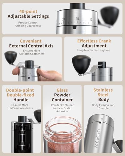 Mini Manual Coffee Grinder with 40 External Adjustable Settings and Ceramic Conical Burr (Silver)
