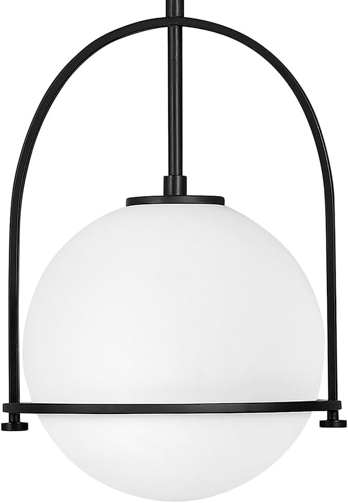 Hinkley Somerset Small Pendant Light, Etched Opal Glass Modern Globe Shade, Adjustable Height, Sloped Ceiling Compatible, Vintage-Inspired Metal Yoke Frame, Dry Rated, Black Finish