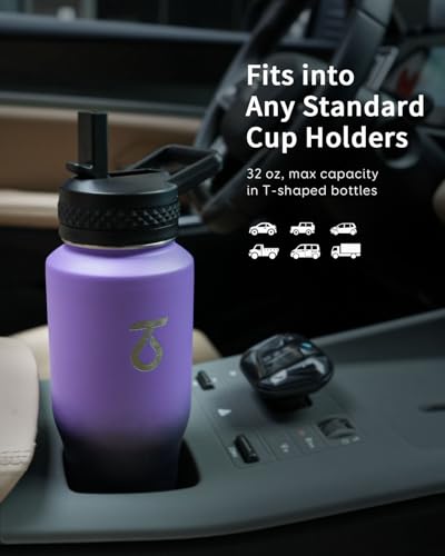 32 oz Water Bottle Insulated Fits in Any Car Cup Holder with 2 Lids (32 Ounces / Dark Purple)