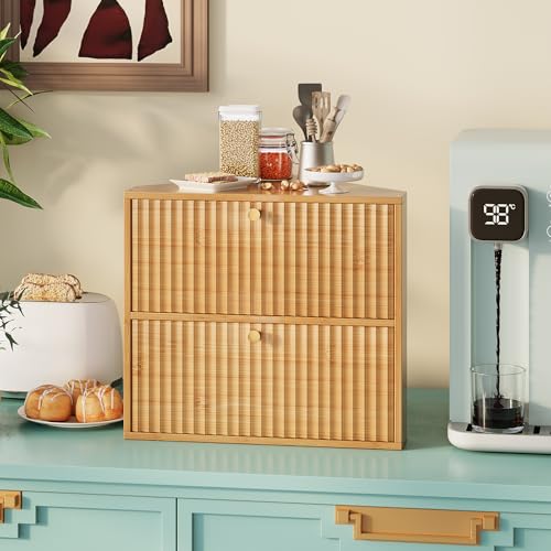 Corner Bread Box for Kitchen Countertop Bamboo Two Layer Large Capacity Bread Storage Bin Vintage Storage for Homemade Bread (Natural Bamboo)
