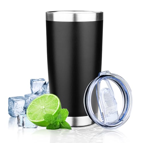 20oz Tumbler with Lid Double Wall Vacuum Insulated Travel Coffee Mug Stainless Steel Thermal Cup Powder Coated Sturdy Coffee Tumbler for Hot and Cold Beverage (20 Ounces / Black)