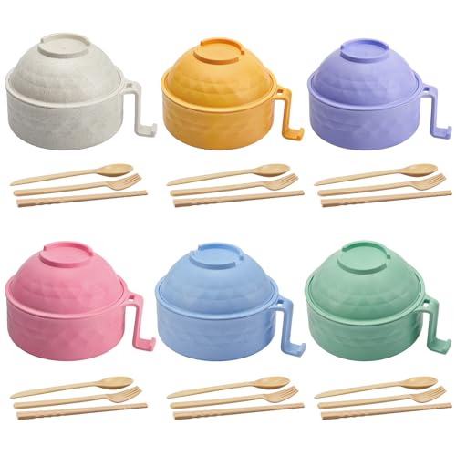 6 Sets Microwave Ramen Bowl with Utensils Bulk (Fresh Colors)