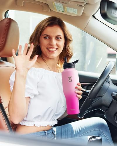 40 oz Water Bottle Insulated Fit in Any Car Cup Holder with 2 Lids (40 Ounces / Gradient Pink)