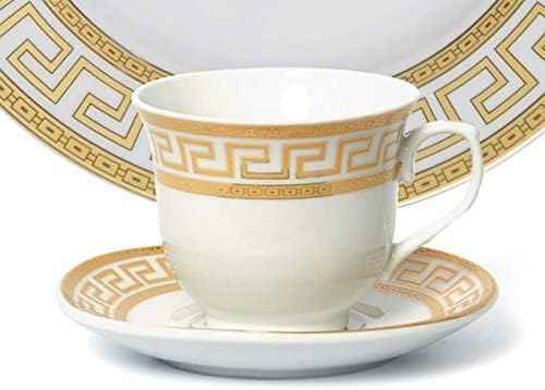 HOMEHUT 120-Pieces Vintage Gold Dinnerware and 18/10 Premium Stainless Steel Silverware Flatware Set - Greek Key Gold HQ Fine China Tableware Service for 12 People