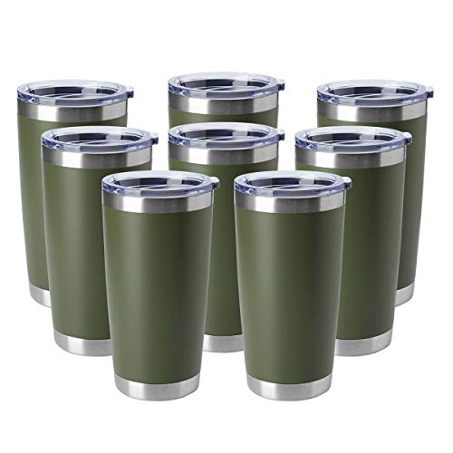 20oz Tumblers Bulk Stainless Steel Cup with Lid Double Wall Vacuum Insulated Coffee Mug for Cold & Hot Drinks 8 Pack (Army Green-A / 8 Count (Pack of 1))