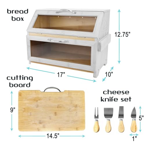 Bread Box with Cutting Board & Knife Set (White Bamboo)