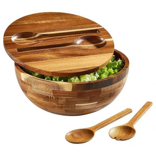 Salad Bowls Wood Salad Bowl Set with Lid 11.8 Inch Large Wooden Bowls Set Acacia Wood Serving (11.8 Inch Large Wooden Bowls)
