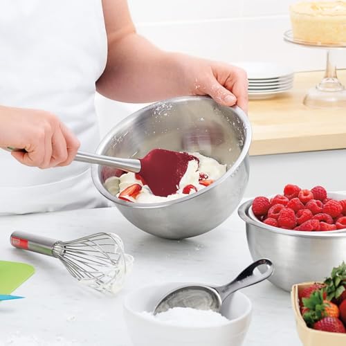 Silicone Cooking Utensil Set of 6 Stainless Steel Handle Ladle Slotted Turner Tongs Flex Core Spatula Scraper Mixing Spoon & Potato Masher (Cayenne)