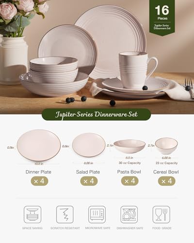 Jupiter Stoneware Dinnerware Sets with Pasta Bowls (Light Pink / 16)