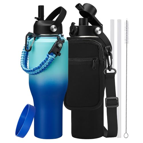 40 oz Insulated Water Bottle with Flip Straw & Auto Spout Lid for Camping (Caribbean Blue / 40 Ounces)