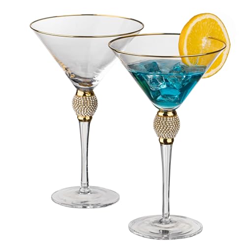 2 Piece Premium Clear Stem Crystal Martini Glasses with Gold Rim and Diamond