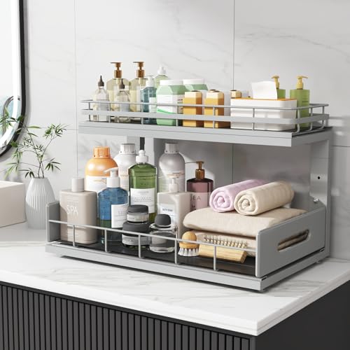 Under Sink Organizer Upgrade To Professional Rails (Gun Gray / 2 Pack-18.5"Dx12.8"-16.9"H)
