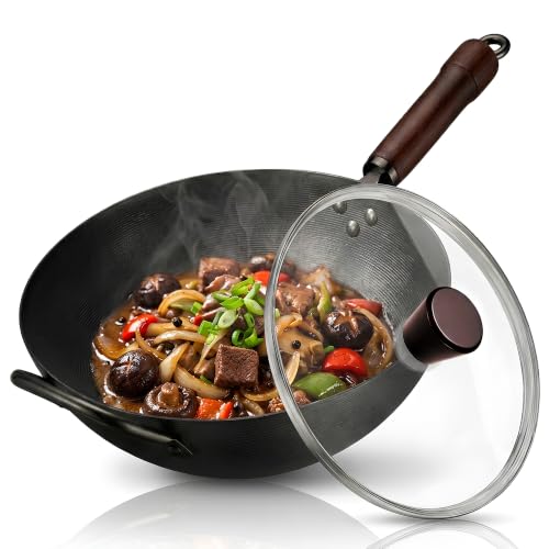 Carbon Steel Wok with Lid Ceramic Nonstick Flat Bottom Wok Pan Induction Compatible Stir Fry Wok Beech Wood Handle Glass Lid Healthy Cooking Wok for Gas Electric Ceramic Halogen Cooktops (11.8" (30cm))