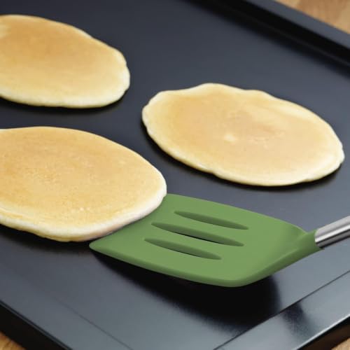 Silicone Cooking Utensil Set of 6 Stainless Steel Handle Ladle Slotted Turner Tongs Flex Core Spatula Scraper Mixing Spoon & Potato Masher (Pesto)