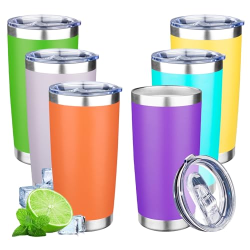 20oz Tumbler with Lid Double Wall Vacuum Insulated Travel Coffee Mug Stainless Steel Thermal Cup Powder Coated Sturdy Coffee Tumbler Bulk for Hot and Cold Beverages (20 Ounces (6 Pack) / Green-Teal-Orange-Yellow-Purple-Lavender)