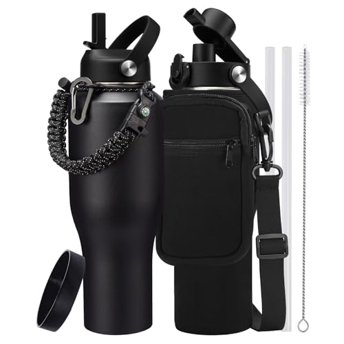 40 oz Insulated Water Bottle Fits Car Cup Holder with Straw Lid & Auto Lid (Onyx Black / 40 Ounces)