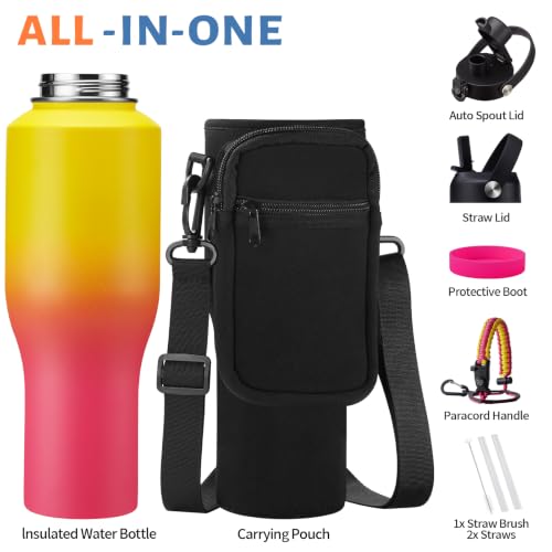 32 40 oz Water Bottle with Straw & Spout Lid (Yellow Pink / 40 Ounces)