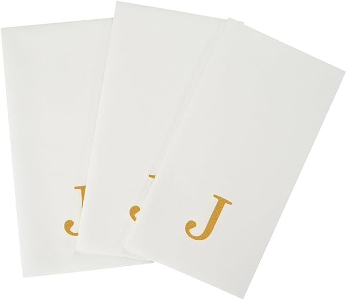 Luxenap 15.8 X 7.9 Inch Linen-Feel Guest Towels, 2000 Lettered Hand Towels - Gold Letter 'J', Sans Serif Font, White Paper Dinner Napkins, airlaid, For Restrooms And Tables