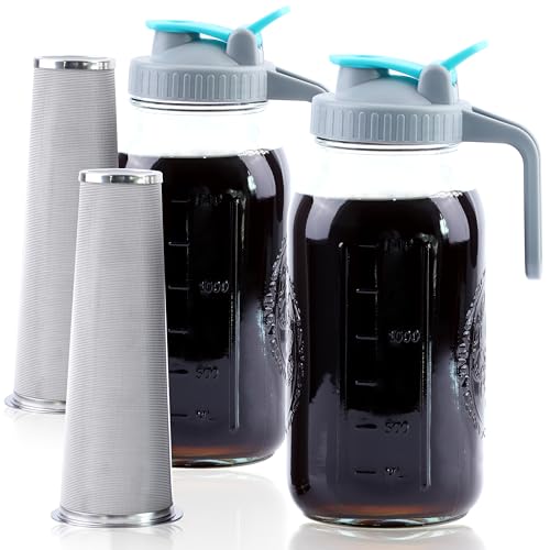 Cold Brew Coffee Maker 64 Oz Wide Mouth Mason Jar Iced Coffee Maker 2 Set Half Gallon Glass Pitcher With Strainer 2 Quart Cold Brew Pitcher With Spout Lids For Fridge