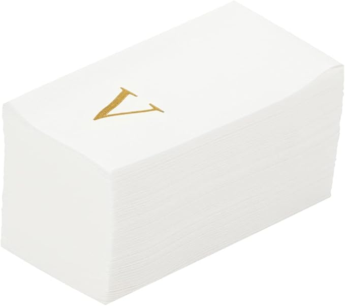 Luxenap 15.8 X 7.9 Inch Linen-Feel Guest Towels, 2000 Lettered Hand Towels - Gold Letter 'V', Sans Serif Font, White Paper Dinner Napkins, airlaid, For Restrooms And Tables