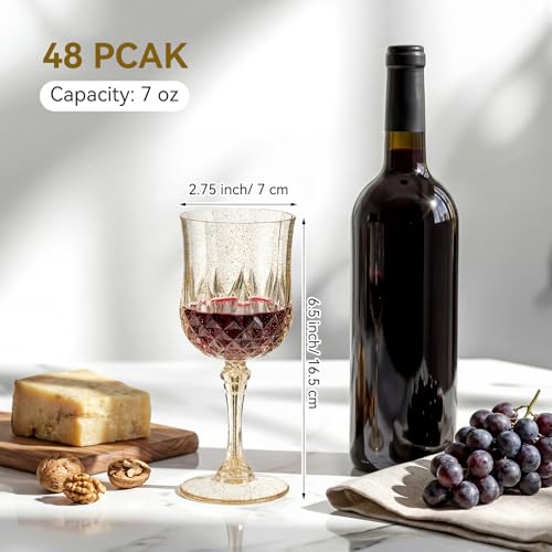 48 Pcs 7oz Plastic Vintage Wine Glasses Drinking Goblets Unbreakable Crystal Water Glassware Reusable Diamond Champagne Flutes Cups for Wedding Banquet Birthday Party Supplies (48 Count)
