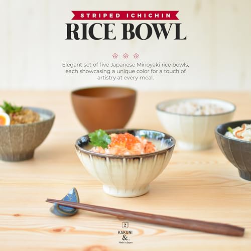 Set of 5 Japanese Ceramic Striped Ichichin Rice Bowls (Blue and White)