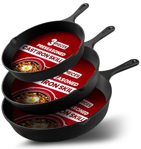 Cast Iron Skillet Set 3 Piece 6 8 10 Inch PFAS (Black)