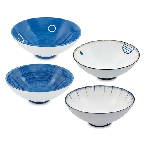 8 Inch 38OZ Ceramic Bowl Set of 4 (Blue and White)