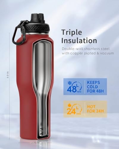 32 oz Water Bottle Insulated Fits in Any Car Cup Holder with 2 Lids (32 Ounces / Red)