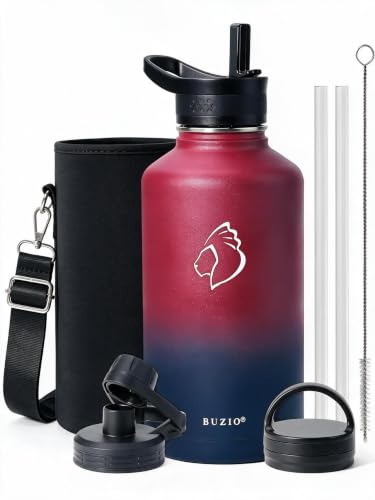 64 oz Water Bottle Insulated with Straw & 3 lid and Carrying Pouch (64 Ounces / Ruby Red Navy)