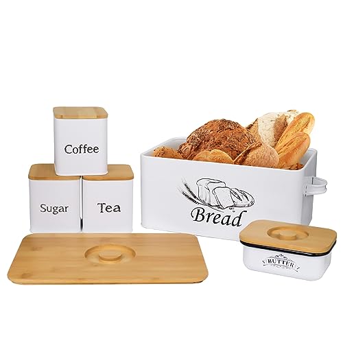 Bread Box with 3pcs Jars Coffee Sugar Tea for Kitchen Countertop White Metal Bread Box with Bamboo Board Cover Pastry Storage Container Set Kitchen decor (Bread Box with Butter Dish)