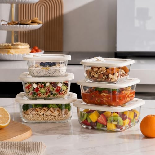 Glass Food Storage Containers with Glass Lids (Ivory White -6p)