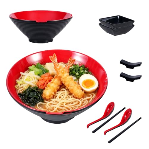 Unbreakable Melamine Ramen Bowl Set (2 piece set) (Red-Black / Set-2)
