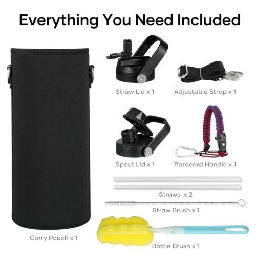 40 oz Insulated Water Bottle with Paracord Handle & Straw Spout Lids (40 Ounces / Ruby Red Navy)