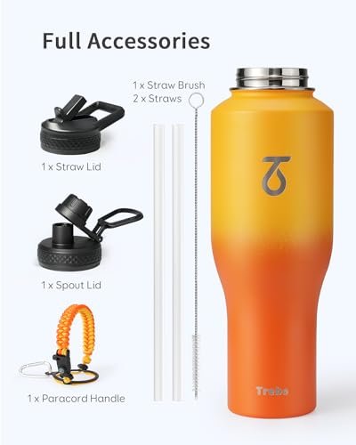40 oz Water Bottle Insulated Fit in Any Car Cup Holder with 2 Lids (40 Ounces / Orange)