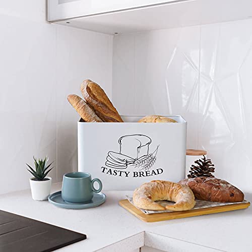 Bread Box for Kitchen Countertop White Metal Bread Box with Bamboo Board Cover Pastry Storage Container Set Kitchen decor (US-Bamboo White Box)
