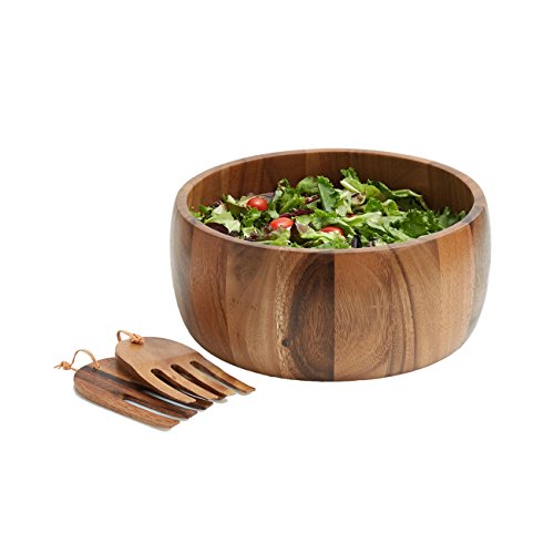 Woodard & Charles Acacia Wood 10" 3 Pc Salad Bowl w (10" x 4" Bowl w/ Salad Hands-*Pack of 4*)