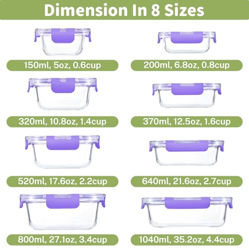 8 Pack Glass Food Storage Containers with Snap Locking Lids for Meal Prep (Purple / 8 Pack)