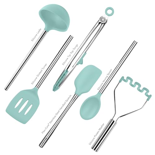 Silicone Cooking Utensil Set of 6 Stainless Steel Handle Ladle Slotted Turner Tongs Flex Core Spatula Scraper Mixing Spoon & Masher (Aqua)