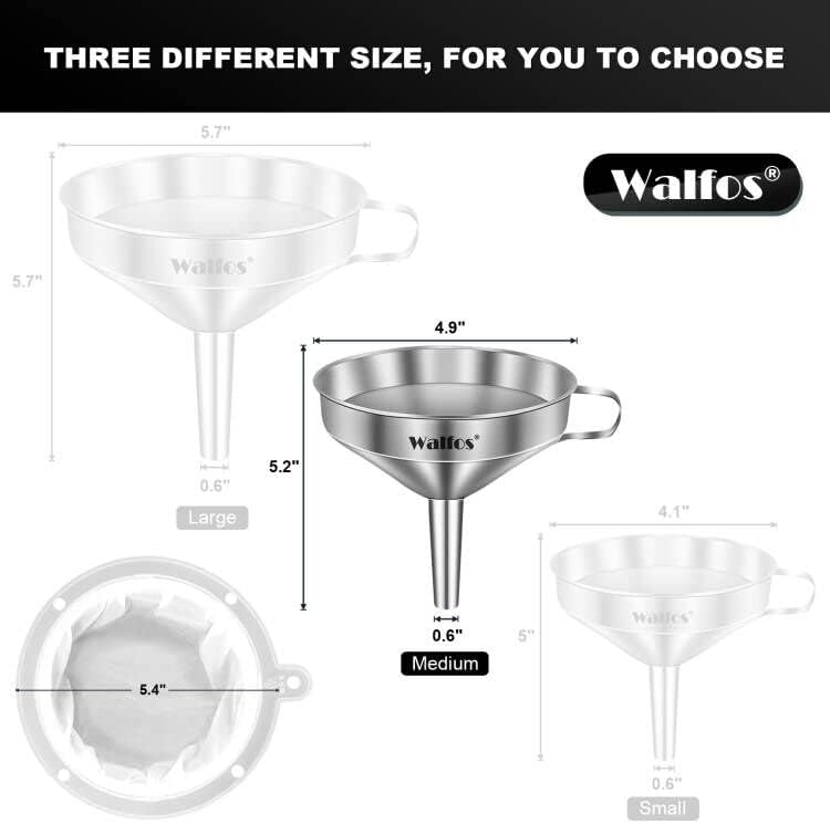 Stainless Steel Funnel, Walfos Kitchen Funnel with 2 Removable Strainer & 1Pc Cleaning Brush, Perfect for Transferring of Liquid, Oils, Jam, Dry Ingredients & Powder (Big, 4.9")
