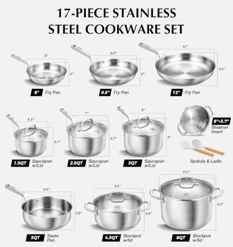 Stainless Steel Cookware Set 17 Piece with 5 Layer Base