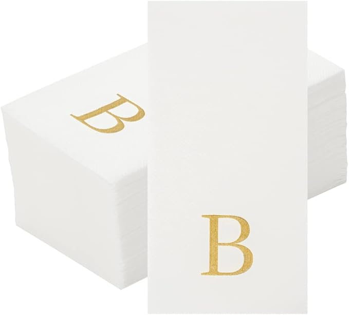 Luxenap 15.8 X 7.9 Inch Linen-Feel Guest Towels, 50 Lettered Hand Towels - Gold Letter 'B', Sans Serif Font, White Paper Dinner Napkins, airlaid, For Restrooms And Tables - Restaurantware