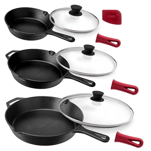Cast Iron Skillets Set + Glass Lids (8"+10"+12")