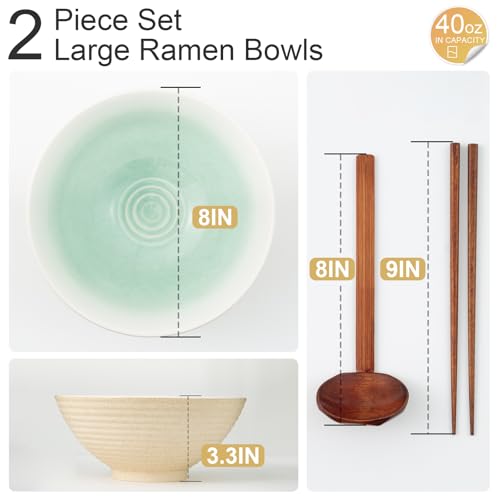 8 Inch Ceramic Ramen Bowl Set of 2 (Cyan Sea)